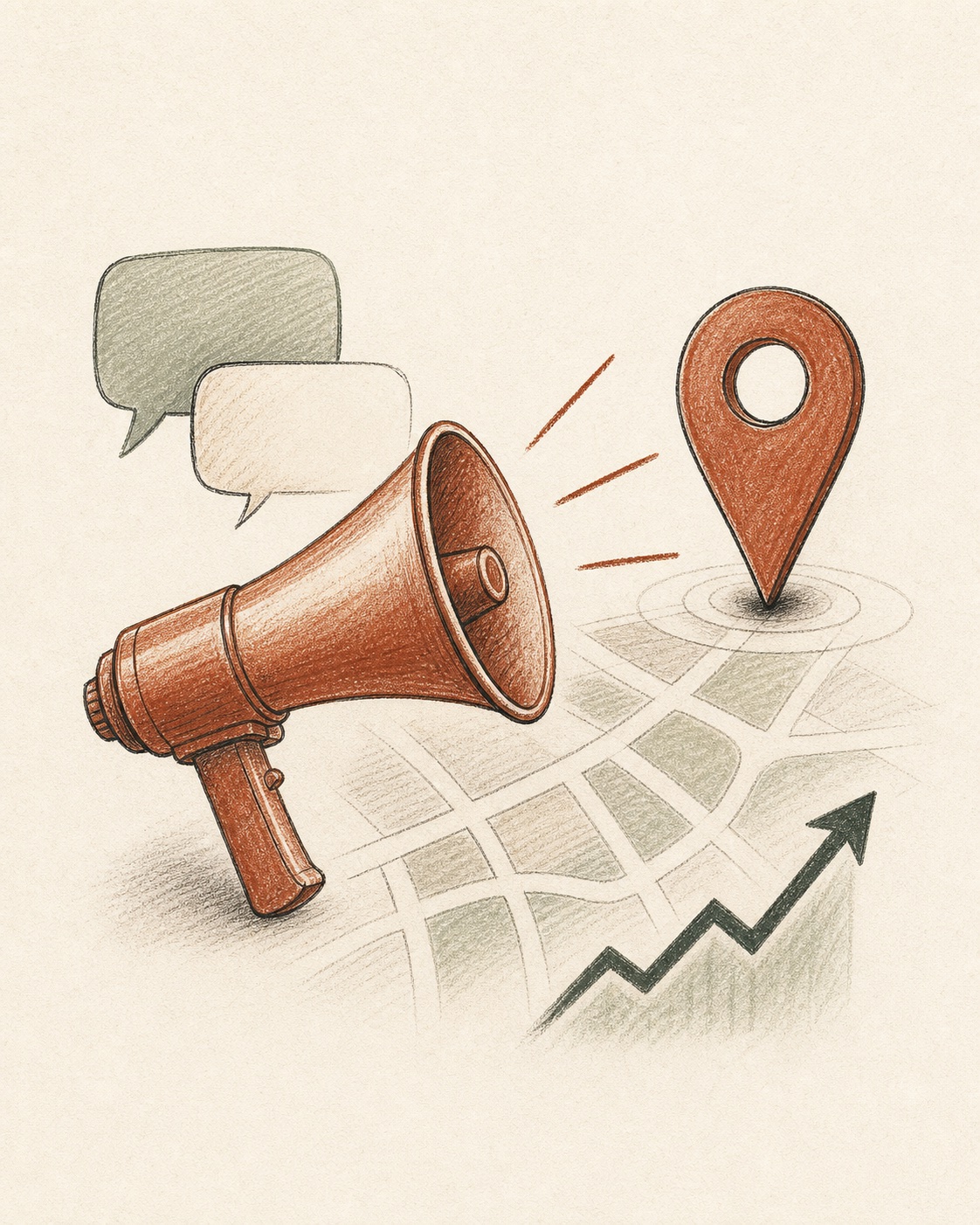 Hand-drawn local marketing illustration with a megaphone and map pin
